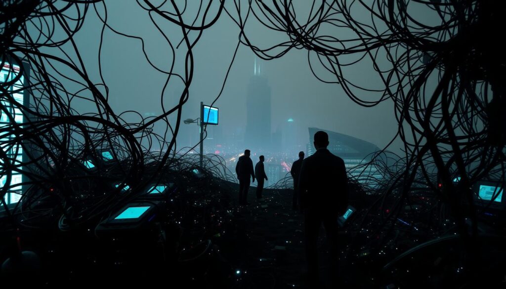 A complex digital landscape, with tangled wires and glowing displays in the foreground, conveying the intricacies of modern regulations. In the middle ground, silhouettes of people navigating this technological maze, symbolic of the challenges faced. The background features a hazy, futuristic cityscape, evoking the ever-evolving nature of the digital era. Dramatic lighting casts sharp shadows, heightening the sense of tension and uncertainty. The scene is captured with a wide-angle lens, emphasizing the scale and depth of the regulatory challenges. An ominous, unsettling atmosphere pervades, reflecting the complexities inherent in governing the digital world.
