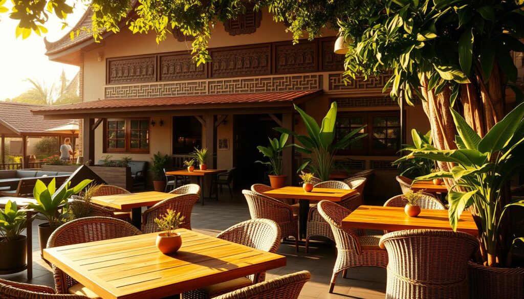 A cozy, sun-dappled outdoor dining space at a charming Indonesian restaurant, featuring a mix of modern and rustic elements. Large wooden tables surrounded by comfortable wicker chairs, with lush greenery and potted plants creating a relaxing, inviting atmosphere. The scene is bathed in warm, golden lighting, casting a soft glow across the scene. In the background, a traditional Javanese-style building with intricate carved detailing serves as a picturesque backdrop. The overall mood is one of tranquility and indulgence, perfectly capturing the essence of the best weekend brunch spots in Indonesia.