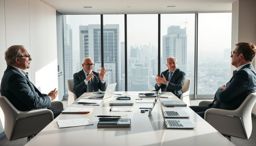 A panel of legal experts gathered in a stylish, minimalist conference room, debating the nuances of the proposed broadcasting law revisions. Soft, directional lighting casts thoughtful shadows, creating an atmosphere of contemplation. In the foreground, a trio of distinguished professors gesticulate animatedly, their expressions a blend of concern and intellectual rigor. The middle ground features a table strewn with documents and laptops, conveying the weight of their discussions. In the background, a large window overlooking a bustling cityscape serves as a subtle reminder of the real-world implications of their deliberations. The overall scene exudes a sense of gravity and measured consideration befitting the subject matter.