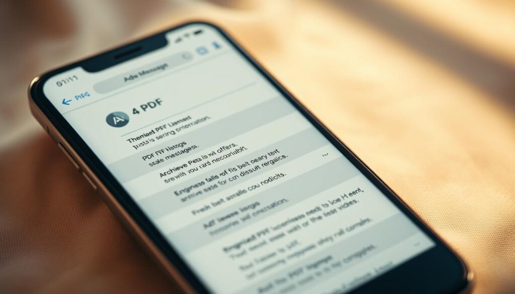 A mobile phone screen displaying a PDF file with neatly organized text messages, set against a soft, blurred background. The PDF layout features a clean, modern design with clear section headers and intuitive navigation. The overall mood is professional and organized, reflecting the ease of archiving and accessing important SMS conversations. Warm, natural lighting illuminates the scene, creating a sense of comfort and productivity. The camera angle is slightly tilted, giving a dynamic perspective that showcases the PDF's functionality.