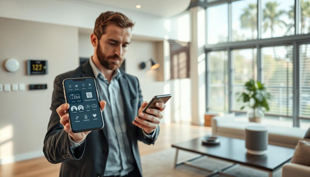 A modern living room featuring a man using a smartphone to control smart home devices. In the foreground, the man, dressed in a professional business suit, is focused on a sleek smartphone interface displaying various home controls like lighting, temperature, and security. In the middle ground, smart appliances and devices are integrated seamlessly—such as a smart thermostat on the wall, automated blinds, and a smart speaker on a stylish coffee table. The background shows large windows with natural light streaming in, illuminating the room's modern decor. The atmosphere is bright and innovative, evoking a sense of convenience and advanced technology. Use soft lighting to enhance the inviting feel of the space, with a shallow depth of field focusing on the man and the phone, while the devices slightly blur in the background.