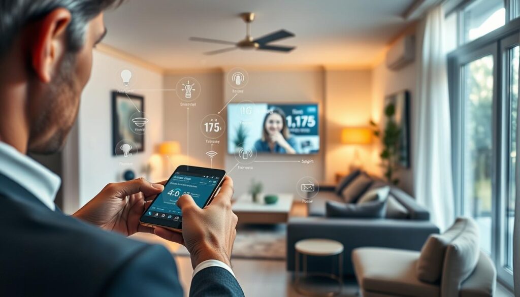 A modern smart home interior showcasing the practical implementation of smart technology powered by fiber optic networking. In the foreground, a person in professional business attire operates a sleek smartphone, controlling various smart devices such as smart lights, thermostats, and a security system. The middle ground features a spacious living room with contemporary furniture, highlighting an interactive smart screen displaying home status. The background reveals a window with daylight streaming in, enhancing the warm and inviting atmosphere. Soft ambient lighting illuminates the scene, creating a sense of comfort and innovation. The image captures a balance between technology and everyday life, emphasizing the seamless integration of smart home features.