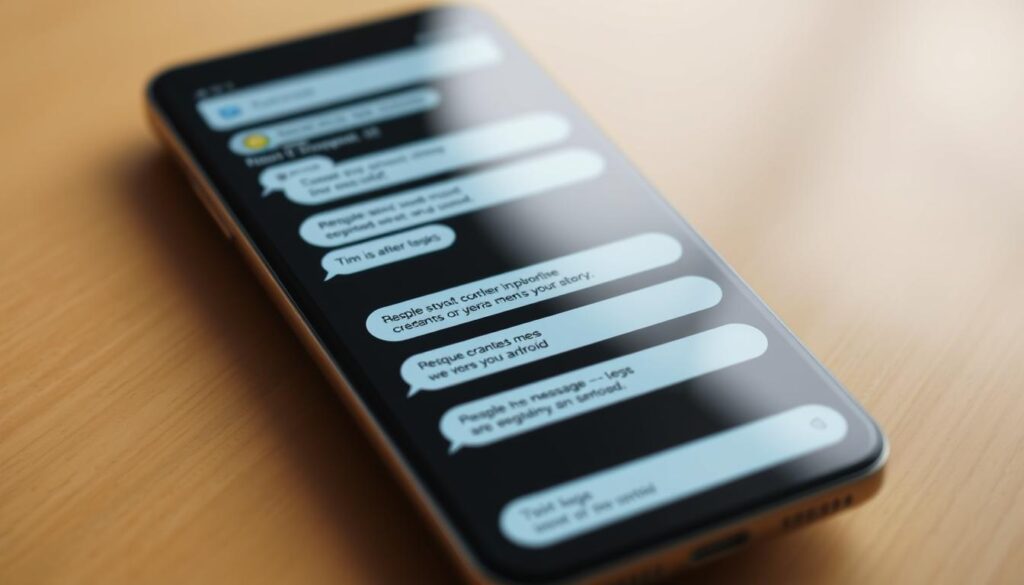 A modern smartphone screen displaying a rich conversation of Android text messages, captured in a realistic, high-resolution view. The messages are clean, uncluttered, and neatly organized, showcasing a seamless user experience. The screen is well-lit, with a soft, natural lighting that accentuates the details of the UI elements. The angle is slightly tilted, providing a natural, user-centric perspective. The overall mood is one of simplicity, efficiency, and the convenience of digital communication on a mobile device.