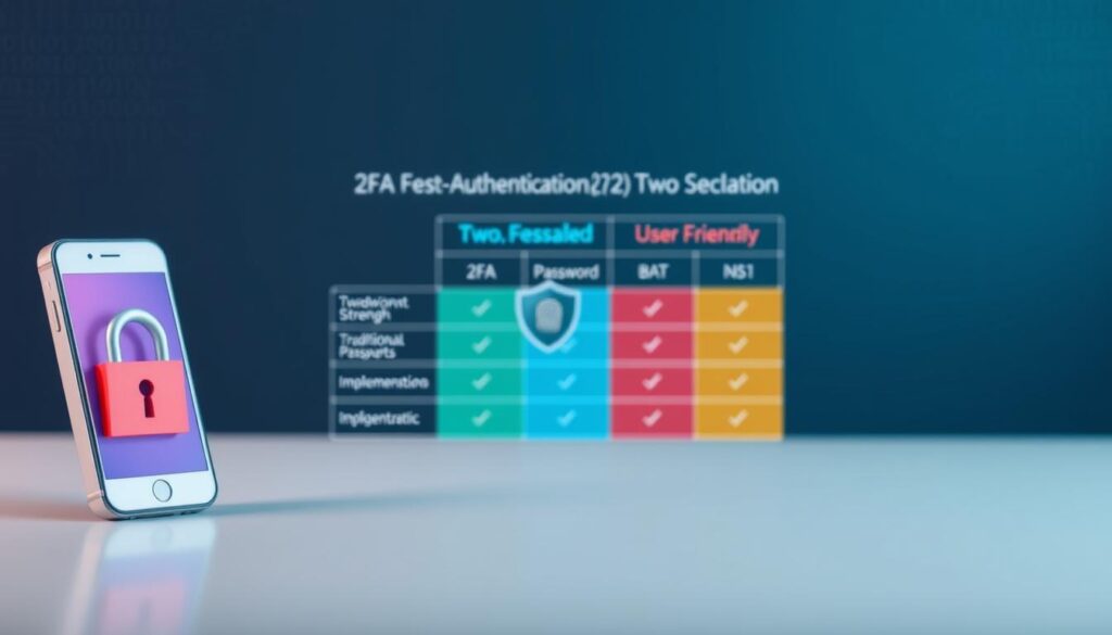 A visually compelling infographic illustrating the comparison of Two-Factor Authentication (2FA) with other security methods. In the foreground, display three distinct security icons: a smartphone with a padlock representing 2FA, a shield symbolizing traditional password security, and a biometric fingerprint icon. In the middle ground, create a dynamic chart or matrix comparing features such as security strength, user-friendliness, and implementation difficulty, using bright, contrasting colors for clarity. In the background, include a subtle gradient of tech-related imagery, such as binary code or circuit patterns, to enhance the digital theme. Soft, even lighting gives a professional appearance, while a slight tilt-down angle adds depth. The mood should be informative and engaging, suitable for educational purposes. No text or annotations should be present in the image.