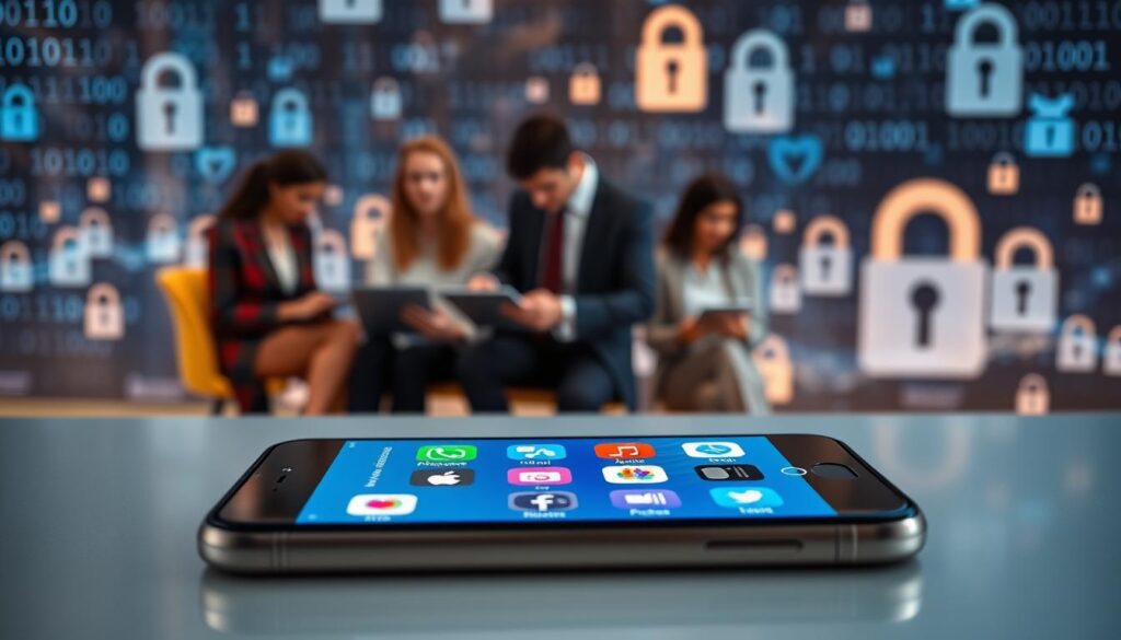 A visually engaging and informative scene illustrating the role of the App Store in enhancing iOS security. In the foreground, depict a smartphone displaying the App Store interface, showcasing a variety of security apps with vibrant icons. In the middle ground, include a close-up view of a professional, diverse team of individuals in business attire analyzing data on laptops and tablets, emphasizing teamwork and modern technology. In the background, suggest an abstract digital landscape with binary code and secure locks, symbolizing cybersecurity. Use soft, warm lighting to create a reassuring atmosphere, with a slightly blurred focus on the background to draw attention to the subjects and the smartphone. The overall mood should convey professionalism and a strong commitment to digital security.