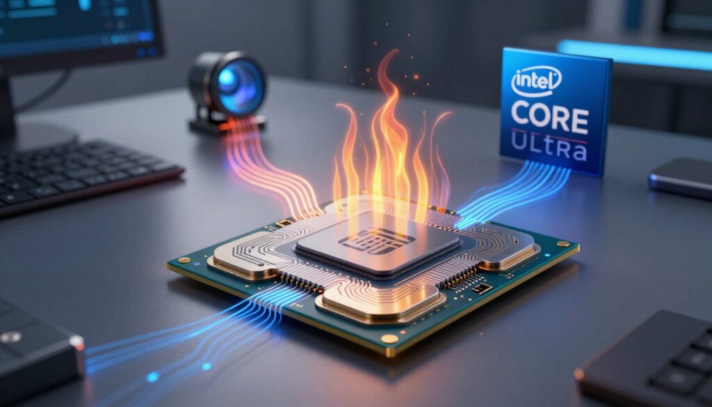A detailed, realistic illustration of the Intel Core Ultra processor architecture, showcasing its intricate design and technology. In the foreground, the processor is center-focused, depicted with its metallic casing and detailed architecture, including heat spreaders and circuit pathways visible under a high-resolution lens. In the middle ground, include abstract representations of thermal dynamics, illustrating how the processor functions under high temperatures. The background features a sleek, modern workspace with soft, ambient lighting that highlights the processor, creating a professional atmosphere. Use sharp contrasts to emphasize the details of the processor and the flow of data represented in glowing lines. The mood should convey innovation and advanced technology, appealing to enthusiasts and professionals alike.