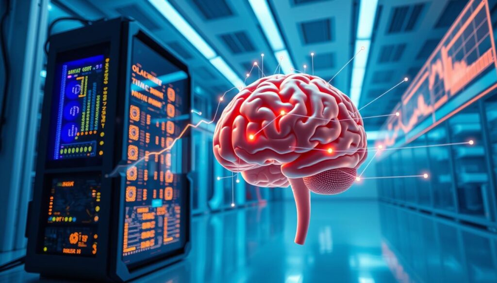 A futuristic computing environment showcasing a supercomputer and a human brain in a dynamic comparison of computational speed. In the foreground, a sleek, advanced supercomputer with glowing circuitry juxtaposed with a realistic, anatomical model of a human brain, interconnected with digital data streams. The middle ground features glowing graphs and digital metrics floating to illustrate processing speed, emphasizing data and performance metrics. The background is a high-tech laboratory with soft blue lighting, creating a clean, professional atmosphere. The angle captures both subjects in focus, with a slight lens distortion to enhance depth. The overall mood is innovative and futuristic, highlighting the competition between human intelligence and machine processing power.