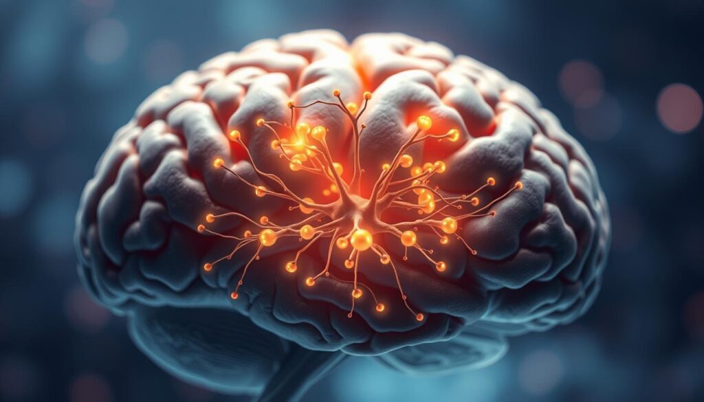 A highly detailed cross-section of the human brain showcasing the unique structure of neurons, synapses, and neural pathways, emphasizing their intricate connections. In the foreground, focus on a cluster of vibrant neurons surrounded by glowing synapses, illustrating the brain's electrical activity. The middle layer reveals the brain's cortex with detailed textures, while the background features a soft gradient of deep blues and purples, creating a tranquil yet energetic atmosphere. Employ soft lighting to highlight the neurons, with a slight glow effect to emphasize their activity. Use a macro lens perspective to capture fine details, creating an immersive and informative representation of the brain's efficiency and complexity, suggesting a comparison to computational systems. The mood should evoke a sense of wonder and awe at the brain's capabilities.