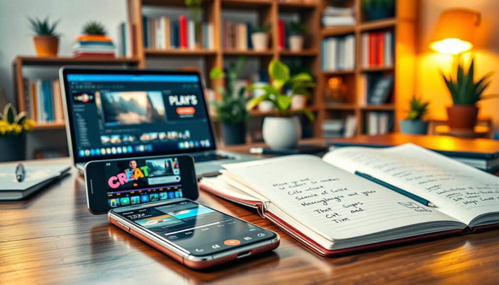 A modern workspace showcasing a beginner's video editing setup for mobile devices. In the foreground, a neatly arranged smartphone on a wooden table displaying a video editing app with colorful clips and transitions. Next to the phone, an open notebook with handwritten tips and symbols like play, cut, and trim. In the middle, a laptop is partially visible with editing software on the screen. The background features a soft-focus bookshelf filled with creative guides, tools, and vibrant plants adding a touch of liveliness. The lighting is warm and inviting, with a soft glow illuminating the workspace, creating a focus on the editing tools. The atmosphere is encouraging and educational, reflecting a space conducive to learning and creativity.