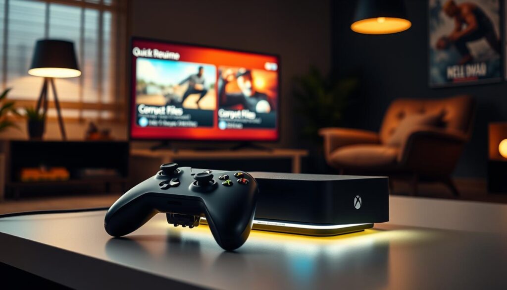 A professional, modern gaming environment showcasing a close-up of an Xbox console with the Quick Resume feature displayed on the screen. The foreground features a sleek gaming controller placed on a stylish gaming desk, with a soft underglow illuminating the console. In the middle, a vibrant screen shows two video game thumbnails labeled as "Corrupt Files," with dynamic graphics illustrating gameplay action. In the background, a cozy living room setup includes a comfortable gaming chair and ambient lighting that creates a relaxed atmosphere. The overall mood is focused and engaging, highlighting the frustration and solutions surrounding file corruption in gaming. Employ soft, diffused lighting for a warm yet techy ambiance, captured from a slightly angled high perspective.