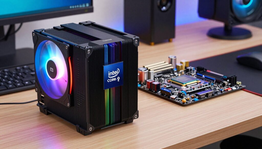 A sleek and modern computer setup featuring an impressive air cooler upgrade designed for an Intel Core Ultra 9 processor. In the foreground, showcase the cooler with elaborate fins and vibrant RGB lighting in shades of blue and red, emphasizing its performance-driven design. In the middle ground, a close-up of the processor socket on the motherboard, highlighting the intricate details and high-quality components surrounding it. In the background, a well-organized workspace with ambient lighting and tech accessories, creating a high-tech atmosphere. The image should have bright, clear lighting to emphasize the cooler's features, captured from a slightly low angle to convey dominance and innovation, evoking a mood of excitement and technical sophistication.