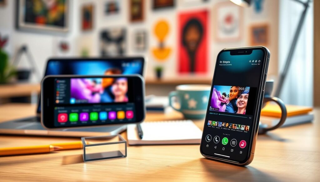 A vibrant and engaging workspace showcasing the best video editing apps for beginners on mobile devices. In the foreground, a sleek smartphone displays a visually appealing video editing interface with colorful icons and smooth transitions. Surrounding the phone are various elements of a creative workspace, such as a laptop, notepad, and a cup of coffee, reflecting a cozy and inspiring atmosphere. In the middle ground, soft lighting enhances the colors of the workspace, creating a warm and inviting mood. The background features a blurred home office setup with inspiring artwork on the walls. The shot is taken from a slightly elevated angle, capturing the smartphone in focus while artistically framing the workspace, emphasizing the theme of accessibility and creativity for new video editors.