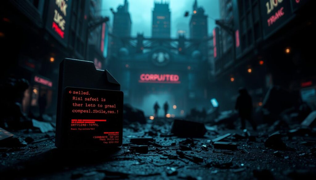 A visually striking depiction of a corrupted RPG game save file. In the foreground, display a pixelated, glitchy save file icon, featuring broken graphics and error messages. The middle ground should have a dark, ominous gaming environment, with dim lighting and scattered digital debris, including glitching NPCs and fragmented landscapes. The background is a shadowy, cyberpunk-inspired cityscape with flickering neon lights, evoking a sense of unease and frustration. Use a low angle to emphasize the chaotic atmosphere, creating a slightly dramatic effect. The overall mood is unsettling, reflecting the disappointment and disruption of a corrupted save file, ideal for illustrating the section on causes and frequently affected games.