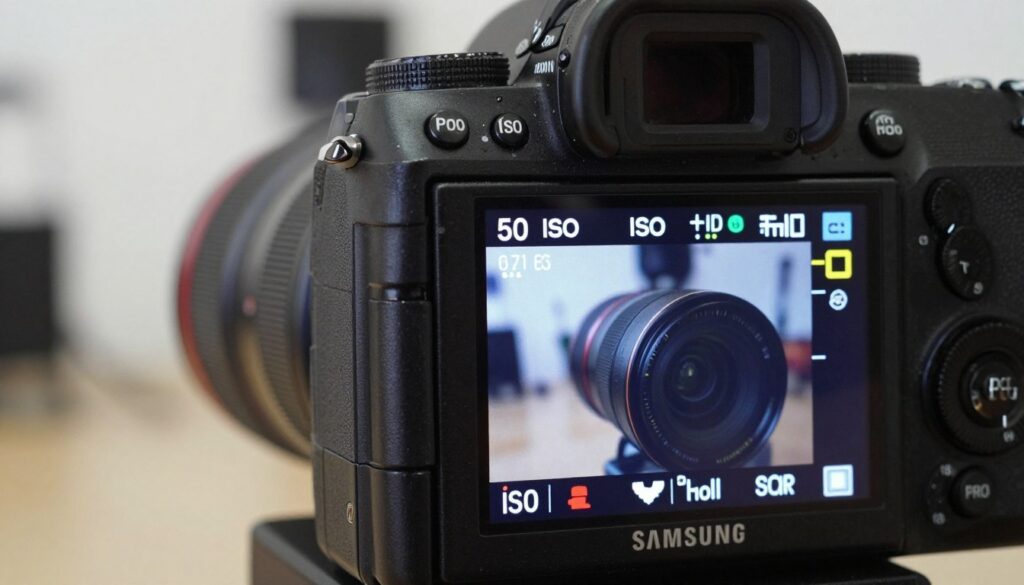 A close-up view of a Samsung Galaxy camera display, prominently featuring the ISO and shutter speed settings in Pro mode. In the foreground, showcase a well-lit camera interface with clear, vibrant indicators for ISO levels and shutter speed adjusted in real-time. In the middle ground, incorporate a sleek camera body with intricate details and buttons visible, representing advanced photography technology. The background should be softly blurred, depicting a professional photography studio atmosphere with subtle lighting, enhancing the focus on the camera settings. The overall mood should feel dynamic and engaging, evoking a sense of creative control and professional quality in photography. Ensure lighting is bright yet soft, simulating a natural studio environment. A close-up view of a Samsung Galaxy camera display, prominently featuring the ISO and shutter speed settings in Pro mode. In the foreground, showcase a well-lit camera interface with clear, vibrant indicators for ISO levels and shutter speed adjusted in real-time. In the middle ground, incorporate a sleek camera body with intricate details and buttons visible, representing advanced photography technology. The background should be softly blurred, depicting a professional photography studio atmosphere with subtle lighting, enhancing the focus on the camera settings. The overall mood should feel dynamic and engaging, evoking a sense of creative control and professional quality in photography. Ensure lighting is bright yet soft, simulating a natural studio environment.