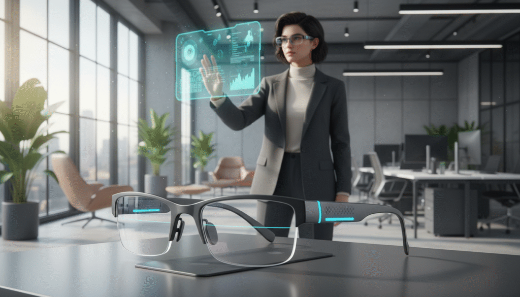 A modern, sleek pair of Xiaomi AI glasses prominently displayed in the foreground, showcasing their innovative design and features. The glasses should have a combination of matte and glossy finishes, with subtle LED indicators and touch-sensitive controls. In the middle ground, depict a tech-savvy professional in smart casual attire, wearing the glasses and interacting with a holographic interface projected in front of them. The background features a contemporary office setting with soft, natural lighting streaming through large windows, creating a bright and inviting atmosphere. Use a slightly elevated angle to capture the glasses, highlighting their connectivity features, and ensure the overall mood conveys advanced technology and seamless integration into daily life. A modern, sleek pair of Xiaomi AI glasses prominently displayed in the foreground, showcasing their innovative design and features. The glasses should have a combination of matte and glossy finishes, with subtle LED indicators and touch-sensitive controls. In the middle ground, depict a tech-savvy professional in smart casual attire, wearing the glasses and interacting with a holographic interface projected in front of them. The background features a contemporary office setting with soft, natural lighting streaming through large windows, creating a bright and inviting atmosphere. Use a slightly elevated angle to capture the glasses, highlighting their connectivity features, and ensure the overall mood conveys advanced technology and seamless integration into daily life.