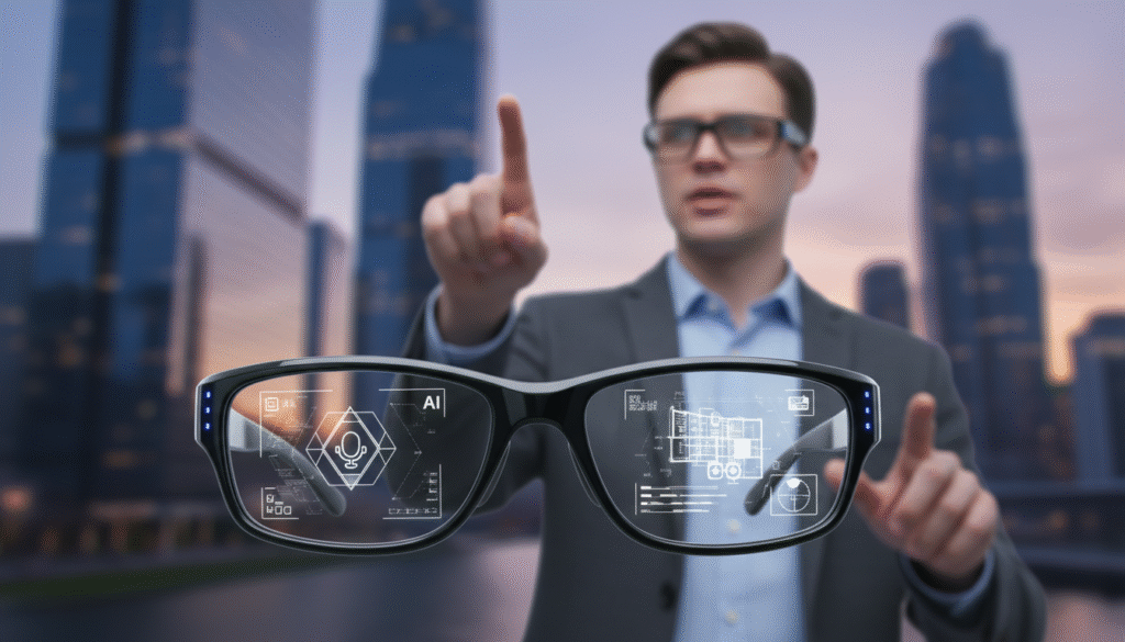 A sleek pair of Xiaomi AI glasses prominently displayed in the foreground, showcasing their futuristic design with a glossy black frame and subtle LED indicators. The lenses reflect a subtle glow, displaying vibrant AI interface graphics. In the middle ground, a professional individual dressed in smart casual attire interacts with the glasses, demonstrating their AI functionalities, such as voice commands and augmented reality features. The background features a modern urban setting with softly blurred buildings, contributing to a high-tech atmosphere. Bright, diffused lighting enhances the clarity of the scene, while a focus on the glasses draws the viewer’s attention to their advanced technology. The overall mood is innovative and dynamic, inviting curiosity about the AI features these glasses offer. A sleek pair of Xiaomi AI glasses prominently displayed in the foreground, showcasing their futuristic design with a glossy black frame and subtle LED indicators. The lenses reflect a subtle glow, displaying vibrant AI interface graphics. In the middle ground, a professional individual dressed in smart casual attire interacts with the glasses, demonstrating their AI functionalities, such as voice commands and augmented reality features. The background features a modern urban setting with softly blurred buildings, contributing to a high-tech atmosphere. Bright, diffused lighting enhances the clarity of the scene, while a focus on the glasses draws the viewer’s attention to their advanced technology. The overall mood is innovative and dynamic, inviting curiosity about the AI features these glasses offer.